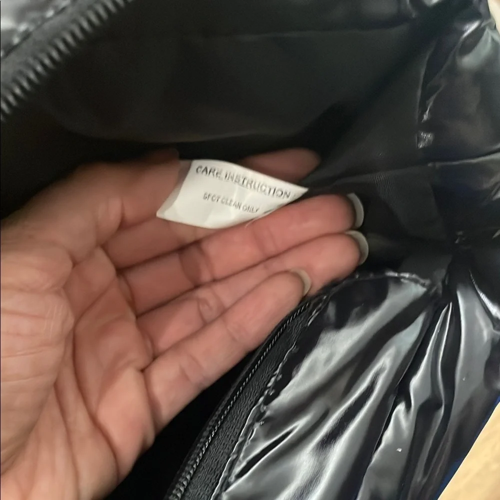 NWOT Shiny Black Glossy Puffer Tote Bag. Zipper, Double Shoulder Straps